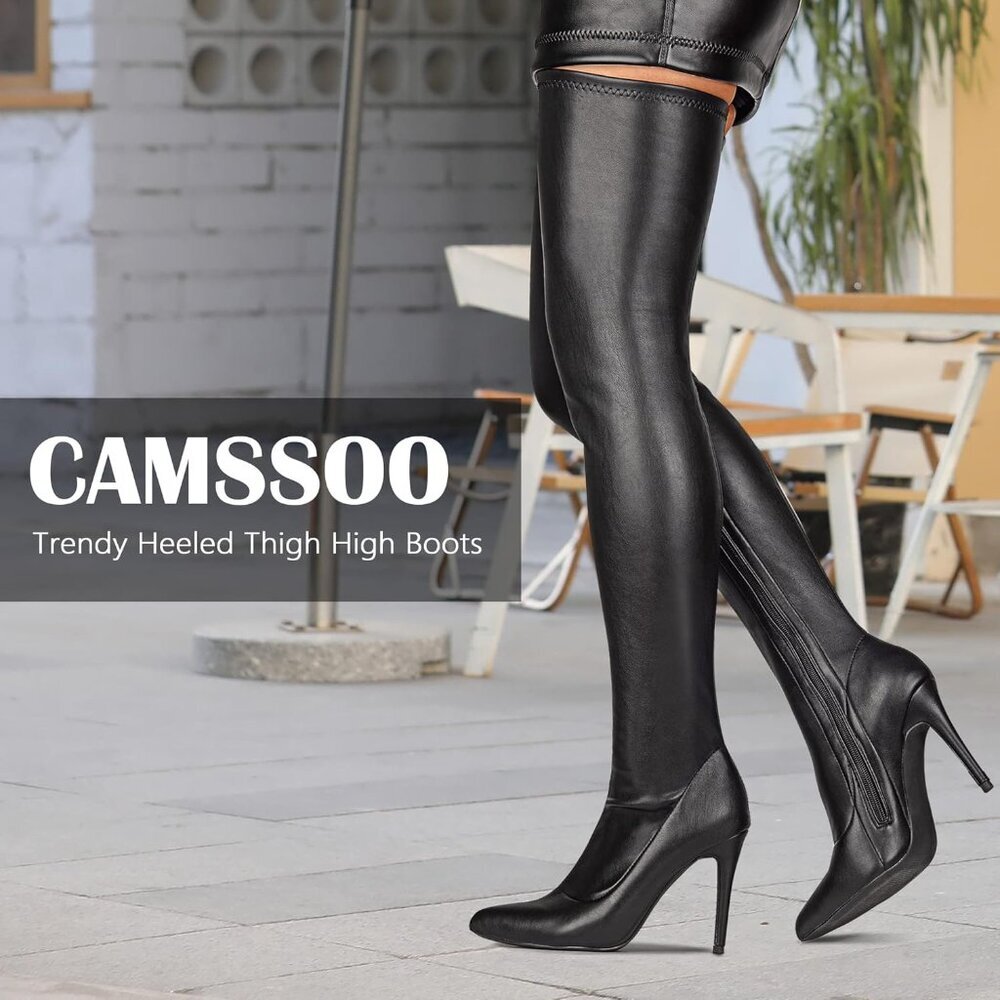Women's Black Matte Pu Suede Pointed Toe Thigh High Side Zipper Heel Boot - Picture 4 of 5